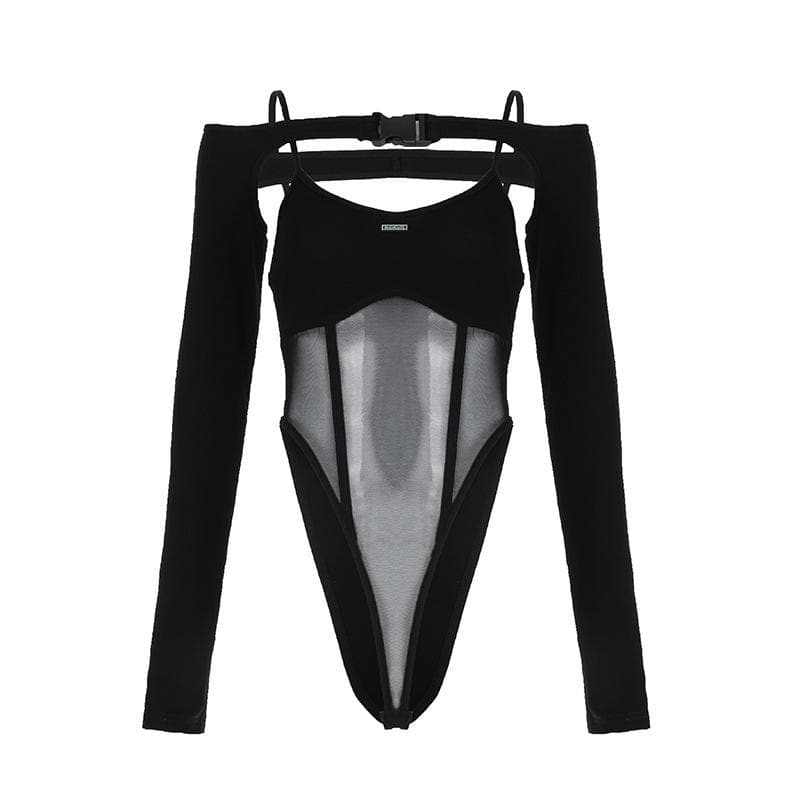Edgy Y2K Buckle Mesh Bodysuit & Off-Shoulder Shrug Set - Perfect for Fall Nights Out