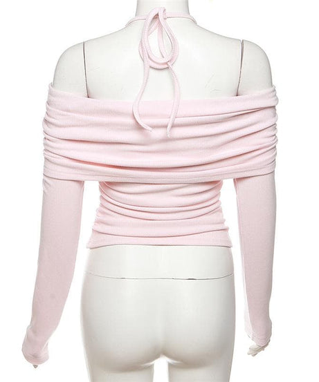 Fall Chic: Ruched Off-Shoulder Halter Top - Asymmetric Lace Detail Long Sleeve