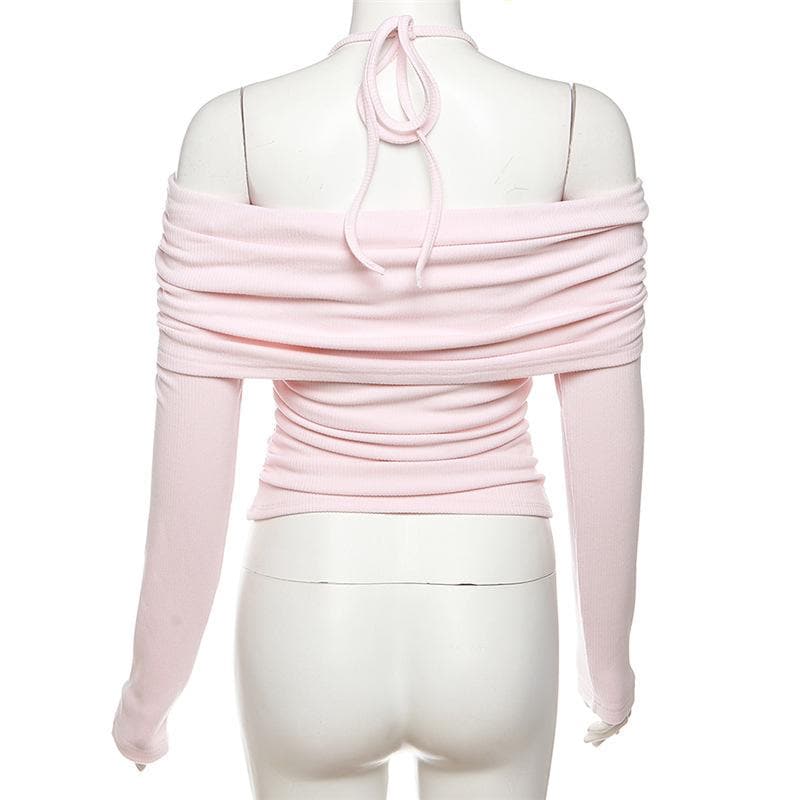 Fall Chic: Ruched Off-Shoulder Halter Top - Asymmetric Lace Detail Long Sleeve