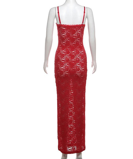 Sultry Red Lace Maxi Dress | Backless & Figure-Flattering for Fall & Holiday Glamour