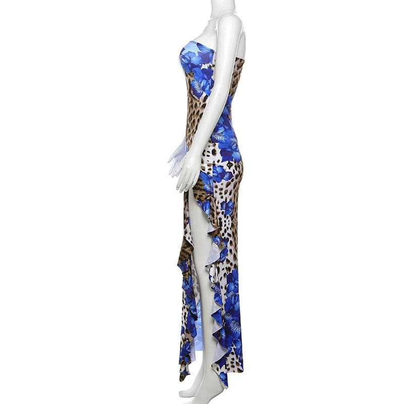 Daring Bloom: Blue Floral & Leopard Print Strapless Maxi Dress with High Slit – Fall & Holiday Glamour