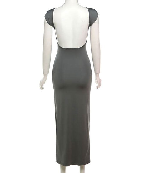 Autumn Chic: Women's Cap Sleeve Bodycon Maxi Dress with Elegant Open Back