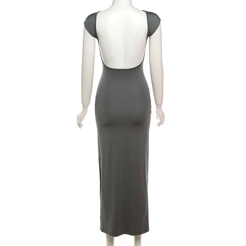 Autumn Chic: Women's Cap Sleeve Bodycon Maxi Dress with Elegant Open Back