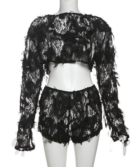 Spooky Chic Shredded Lace Crop Top & Shorts Set - Halloween & Party Ready