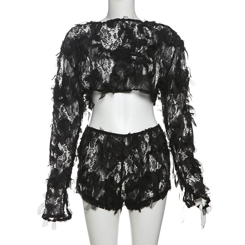 Spooky Chic Shredded Lace Crop Top & Shorts Set - Halloween & Party Ready
