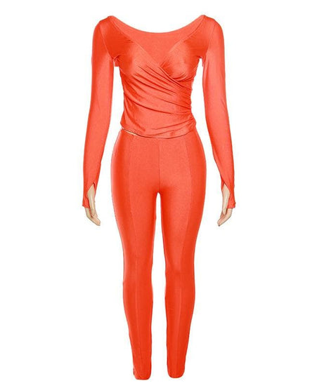 Chic Fall Athleisure: Black Ruched V-Neck Wrap Top & Leggings Set with Thumbholes