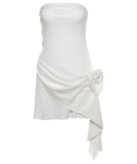 Glam White Strapless Mini Dress: Ruched Asymmetrical & 3D Floral – Fall & Holiday Event Ready