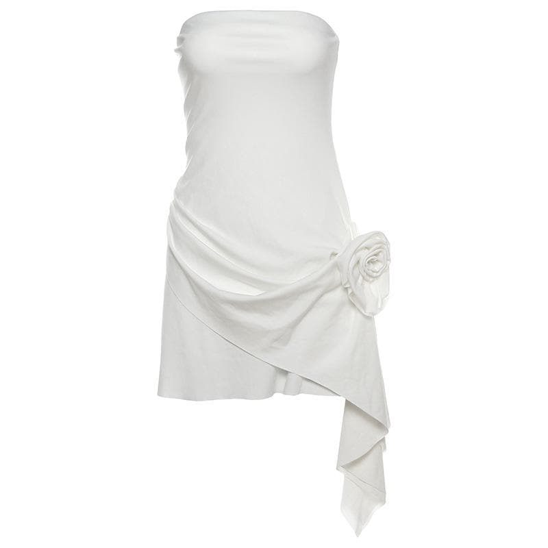 Glam White Strapless Mini Dress: Ruched Asymmetrical & 3D Floral – Fall & Holiday Event Ready