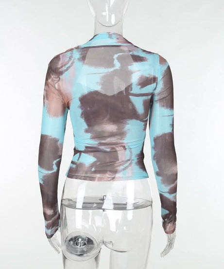 Autumn Edge Tie-Dye Mesh Wrap Top - Chic Long Sleeve Sheer Style