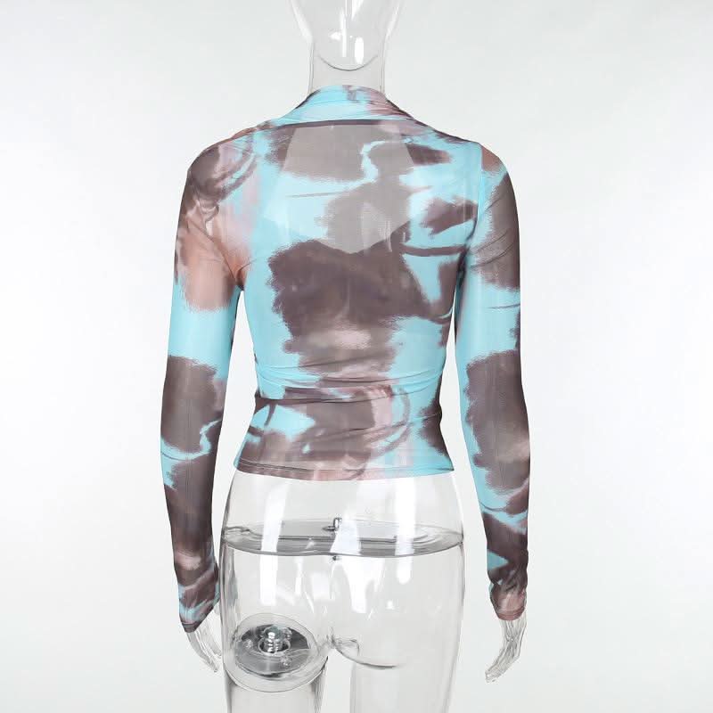 Autumn Edge Tie-Dye Mesh Wrap Top - Chic Long Sleeve Sheer Style