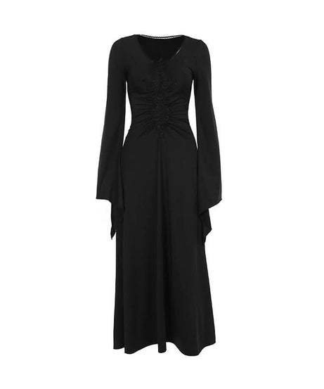 Enchanted Bell Sleeve Black Maxi Dress | Gothic V-Neck Embroidery for Fall & Halloween