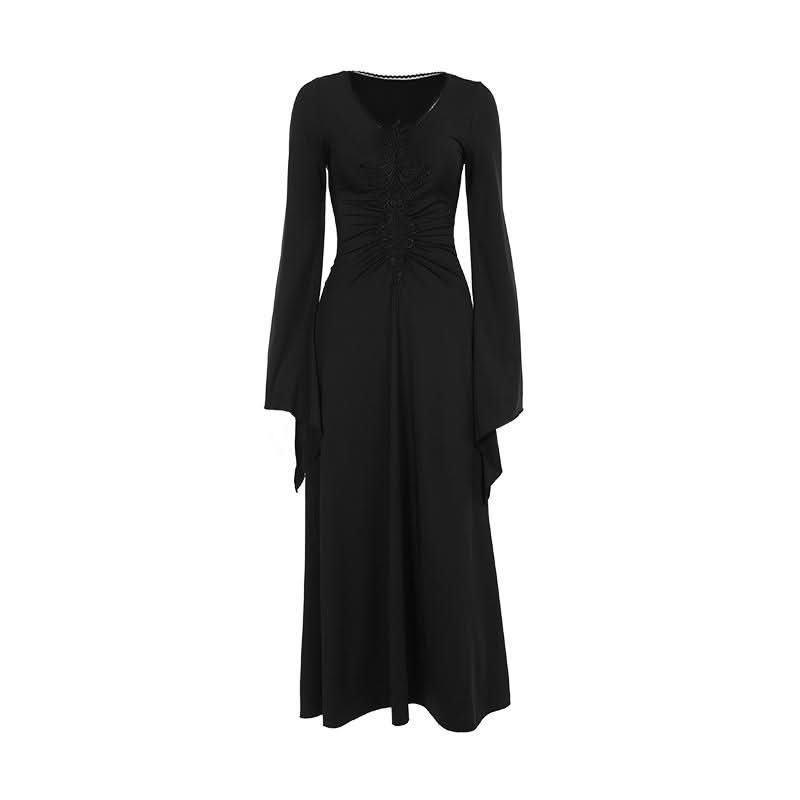 Enchanted Bell Sleeve Black Maxi Dress | Gothic V-Neck Embroidery for Fall & Halloween