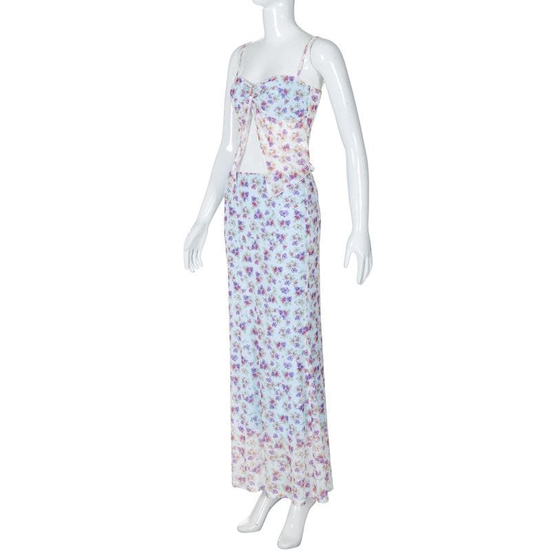 Ethereal Floral Maxi Skirt & Sweetheart Cami Set | Chic Two-Piece for Fall Getaways