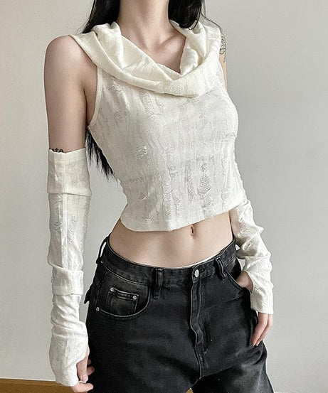 Edgy Distressed Hooded Crop Top & Arm Warmer Set - Grunge Y2K Fall Fashion
