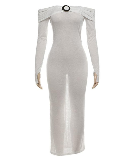 Sultry Sheer Off-Shoulder O-Ring Maxi Dress - Fall Party & Halloween Ready