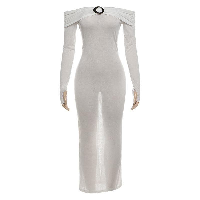 Sultry Sheer Off-Shoulder O-Ring Maxi Dress - Fall Party & Halloween Ready