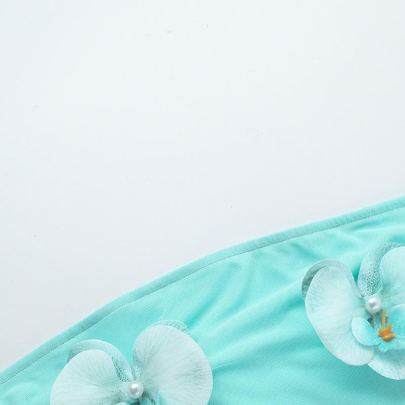 Whimsical Aqua Orchid Mesh Tube Top - Y2K Coquette Crop for Parties & Getaways