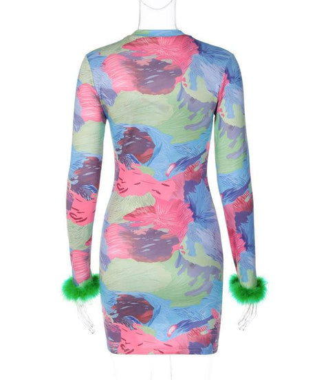 Show-Stopping Feather-Cuff Mini Dress | Vibrant Abstract Print Bodycon for Fall Parties & Holiday Fun