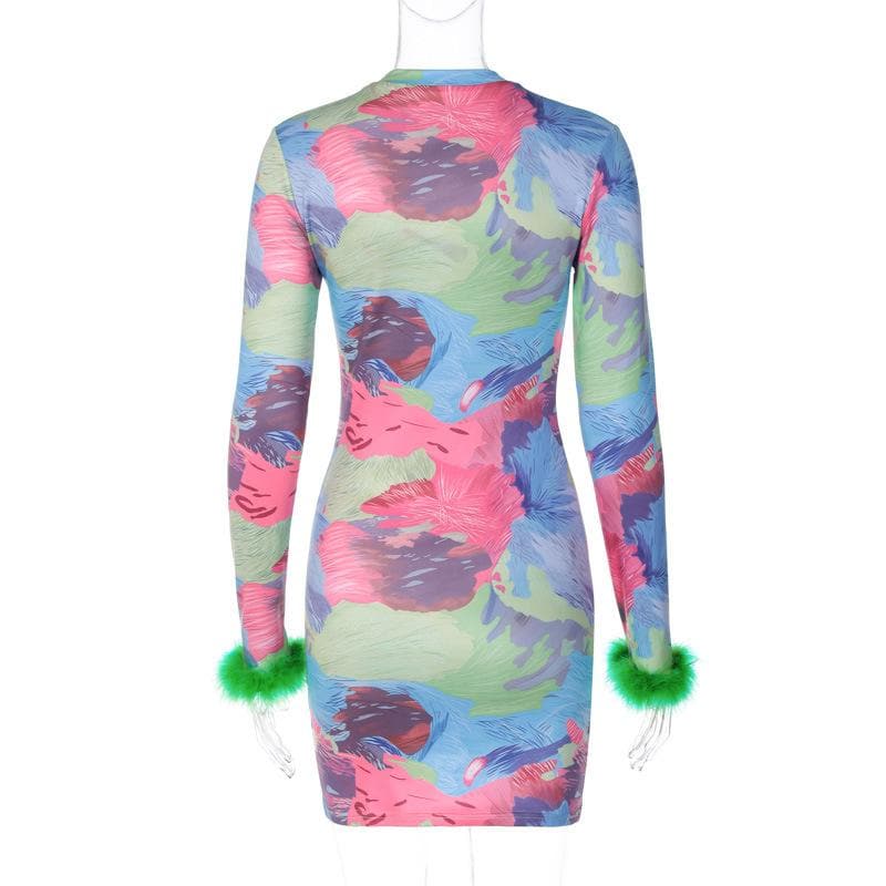 Show-Stopping Feather-Cuff Mini Dress | Vibrant Abstract Print Bodycon for Fall Parties & Holiday Fun
