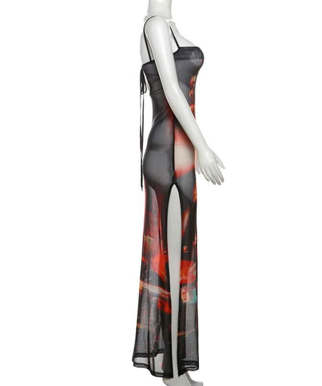 Midnight City Mesh Maxi Dress - Edgy High Slit Cami for Fall Nights Out