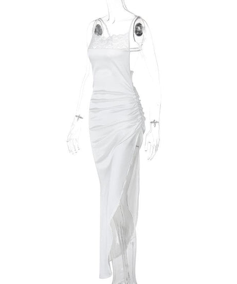 Glamorous White Satin & Lace Ruched Maxi Dress - Elegant Slit for Holiday Parties & Events