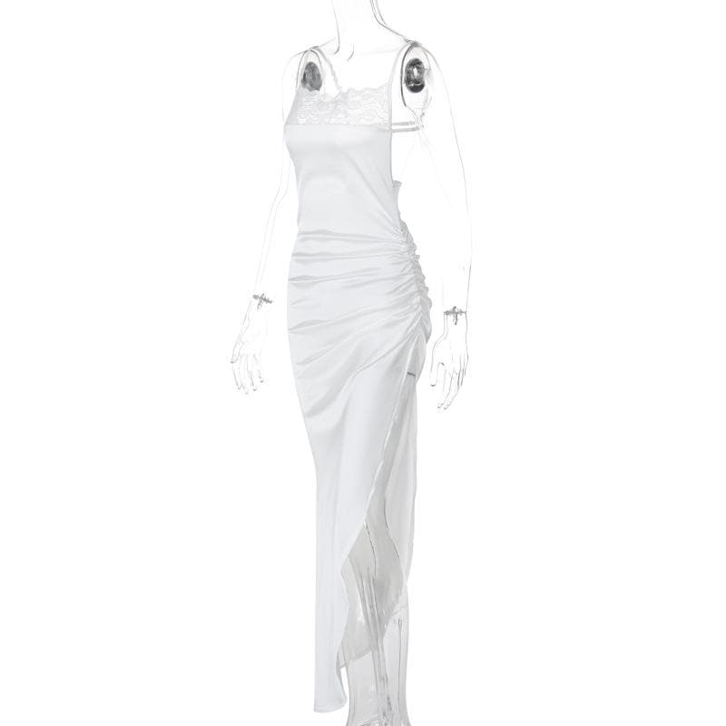 Glamorous White Satin & Lace Ruched Maxi Dress - Elegant Slit for Holiday Parties & Events
