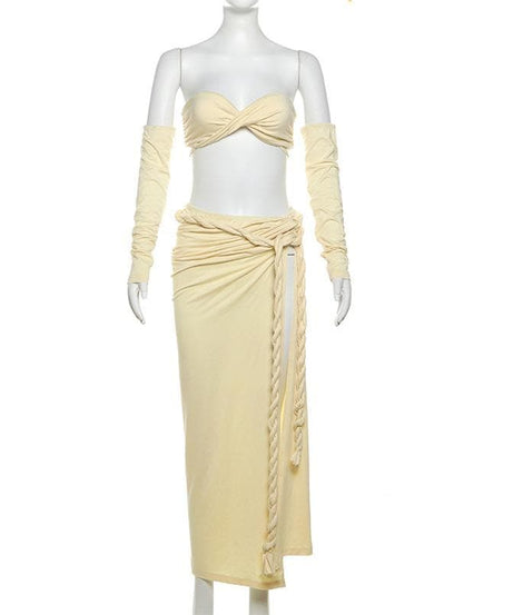 Effortless Glam 3-Piece Set: Strapless Bandeau Top, High-Slit Maxi Skirt & Statement Sleeves – Perfect for Fall Getaways & Events