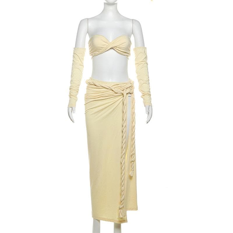 Effortless Glam 3-Piece Set: Strapless Bandeau Top, High-Slit Maxi Skirt & Statement Sleeves – Perfect for Fall Getaways & Events