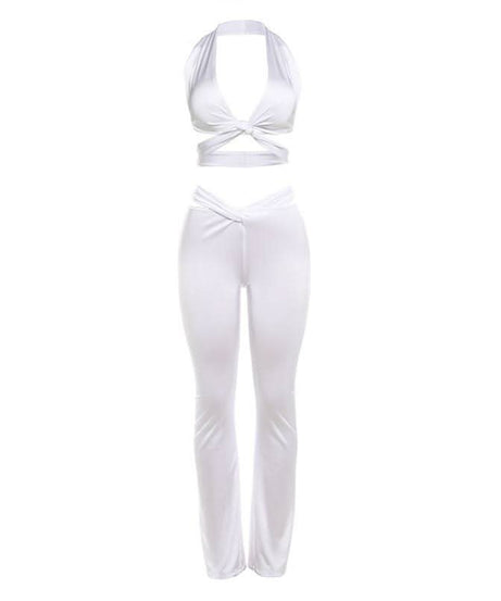 Chic White Twist Halter Crop Top & Flare Pant Set - Holiday Glam & Resort Ready
