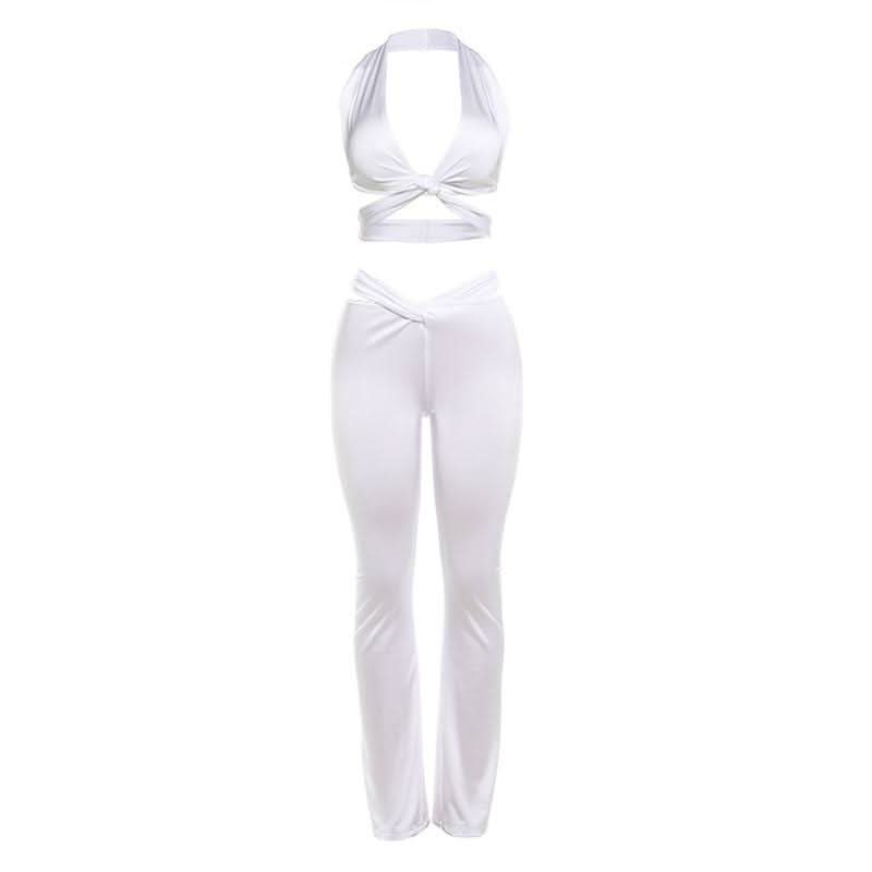 Chic White Twist Halter Crop Top & Flare Pant Set - Holiday Glam & Resort Ready