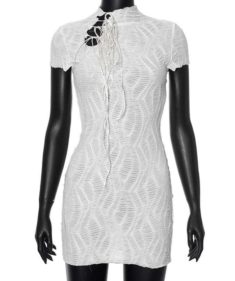 Chic White Textured Mesh Mini Dress - High Neck Self-Tie Bodycon for Fall Parties & Night Out