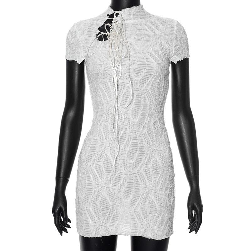 Chic White Textured Mesh Mini Dress - High Neck Self-Tie Bodycon for Fall Parties & Night Out