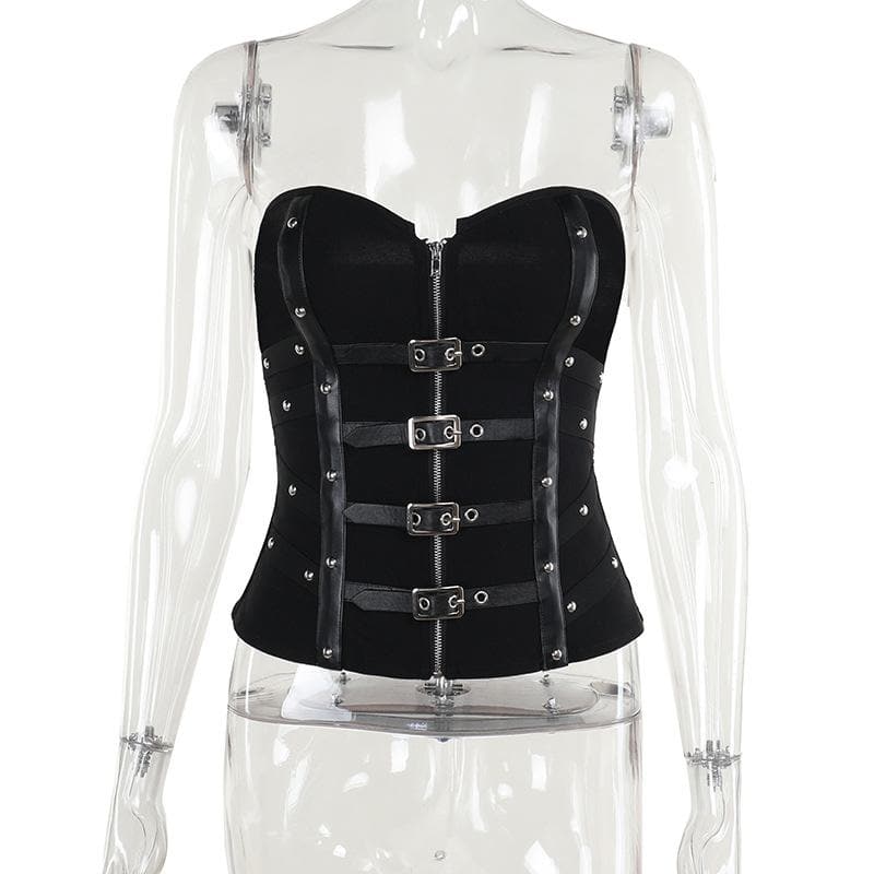 Rebel Chic Buckle & Zip Corset Top | Edgy Strapless Bustier for Fall & Halloween
