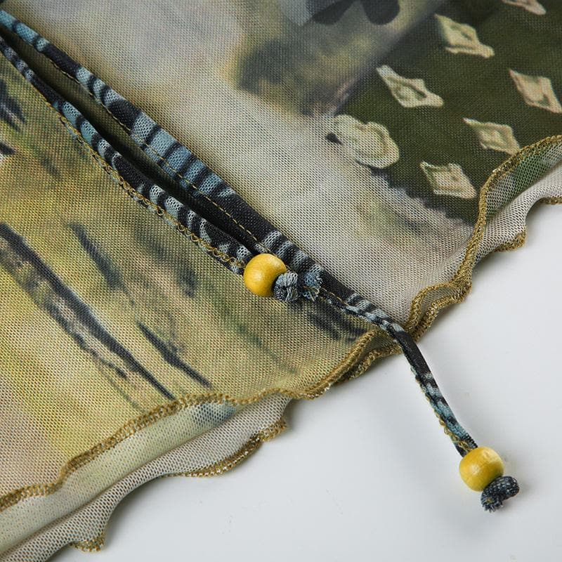 Y2K Boho Chic Patchwork Mesh Cami Top - O-Ring Ruched Detail for Fall