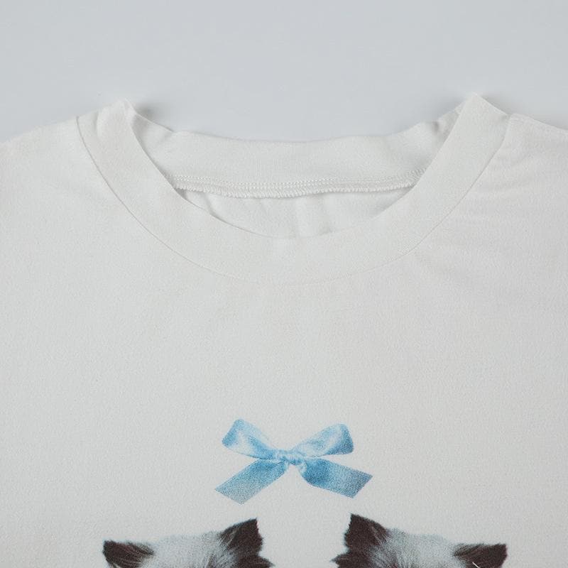 Cozy Kitten Duo White Crop Top - Sweet Y2K Fall Style with Lace Trim