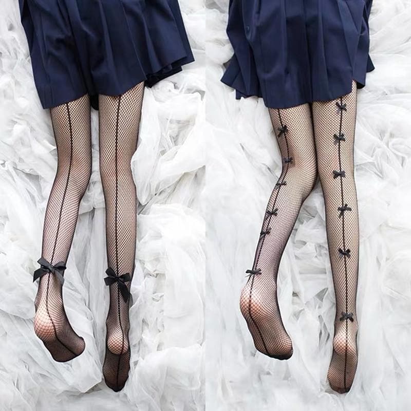 Elegant Edge: Bowknot Back Seam Fishnet Tights - Perfect for Fall & Halloween Chic
