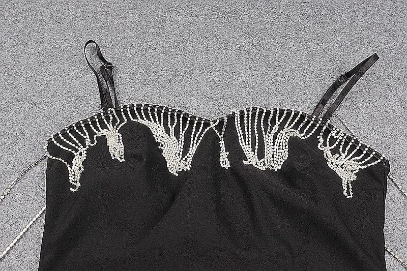 Dazzling Chain Tassel Sweetheart Mini Dress - Black Bodycon Party & Holiday Glam