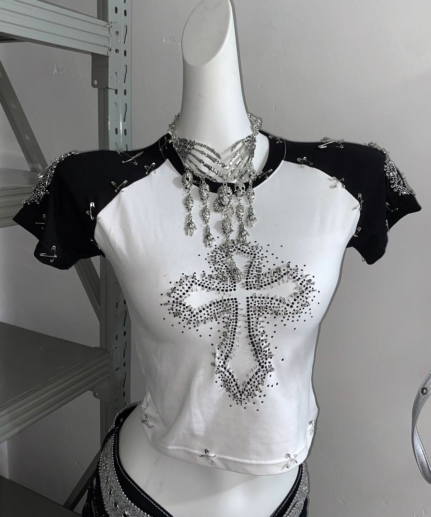 Spooky Chic Rhinestone Cross Crop Top & Mesh Skort Set - Y2K Goth Alt Fashion