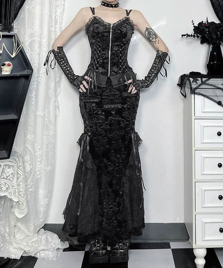 Enchanting Black Velvet Lace-Up Maxi Skirt | Gothic Fall & Halloween Statement Piece