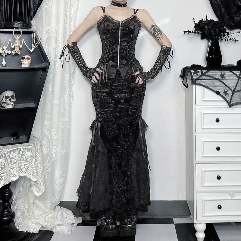 Enchanting Black Velvet Lace-Up Maxi Skirt | Gothic Fall & Halloween Statement Piece
