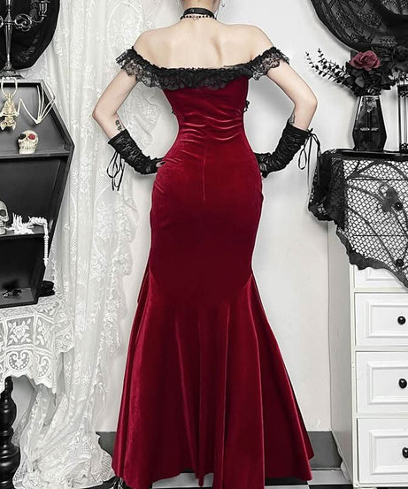 Sultry Red Velvet Off-Shoulder Lace Maxi Gown | High Slit Evening & Holiday Party Dress