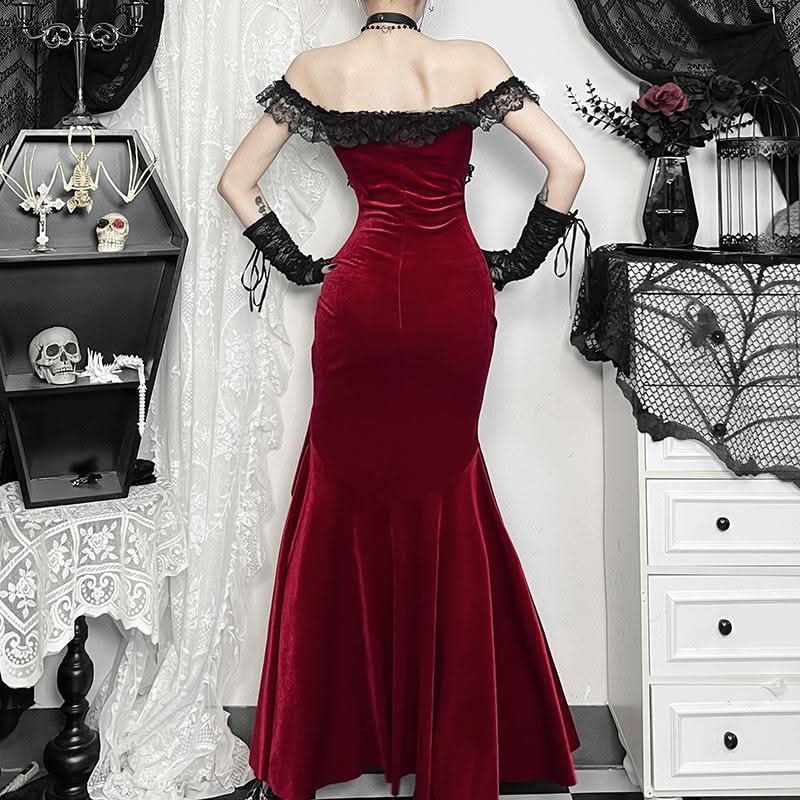 Sultry Red Velvet Off-Shoulder Lace Maxi Gown | High Slit Evening & Holiday Party Dress