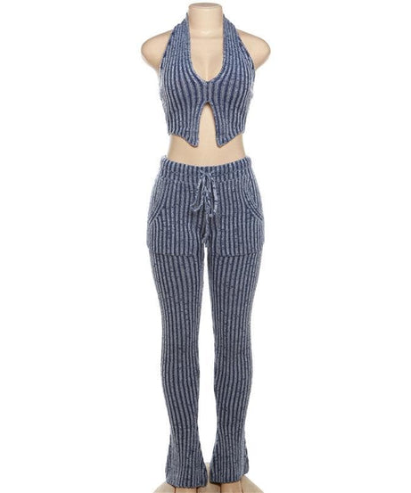 Effortless Chic Striped Knit Halter Top & Lounge Pants Set - Fall Comfort Must-Have