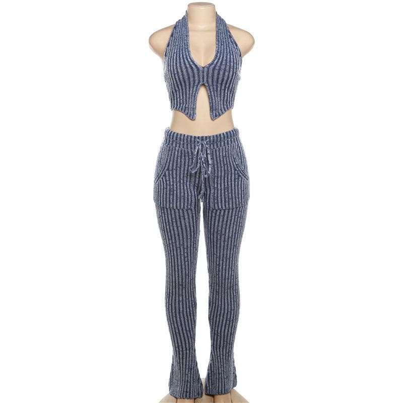 Effortless Chic Striped Knit Halter Top & Lounge Pants Set - Fall Comfort Must-Have