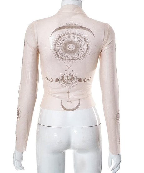 Cosmic Aura Sheer Mesh Mock Neck Top - Celestial Sun & Moon Fall Fashion