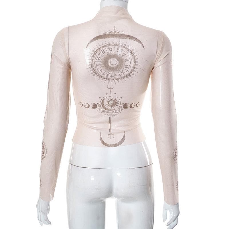 Cosmic Aura Sheer Mesh Mock Neck Top - Celestial Sun & Moon Fall Fashion