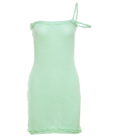 Chic Sage Green Knitted Mini Dress - Tie Strap Ruffle Bodycon for Fall Parties & Getaways