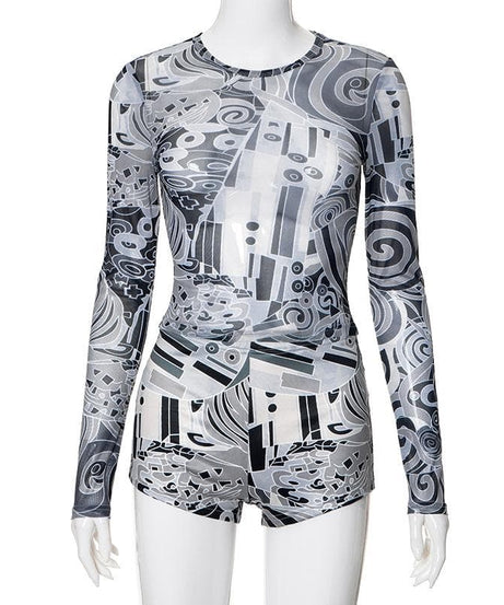 Edgy Abstract Mesh Long Sleeve Top & Shorts Set - Fall's Must-Have Party & Layering Style