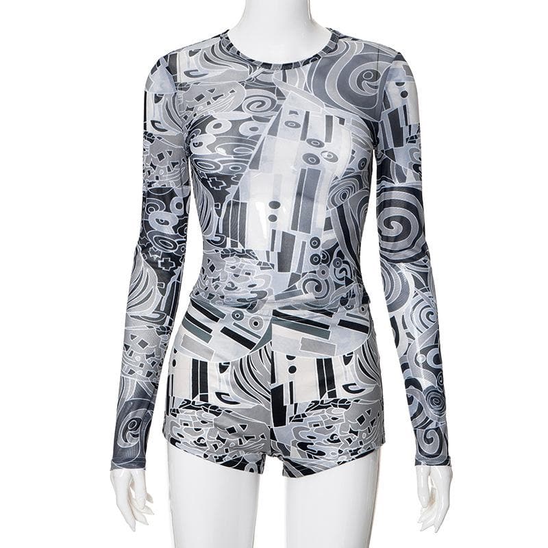 Edgy Abstract Mesh Long Sleeve Top & Shorts Set - Fall's Must-Have Party & Layering Style