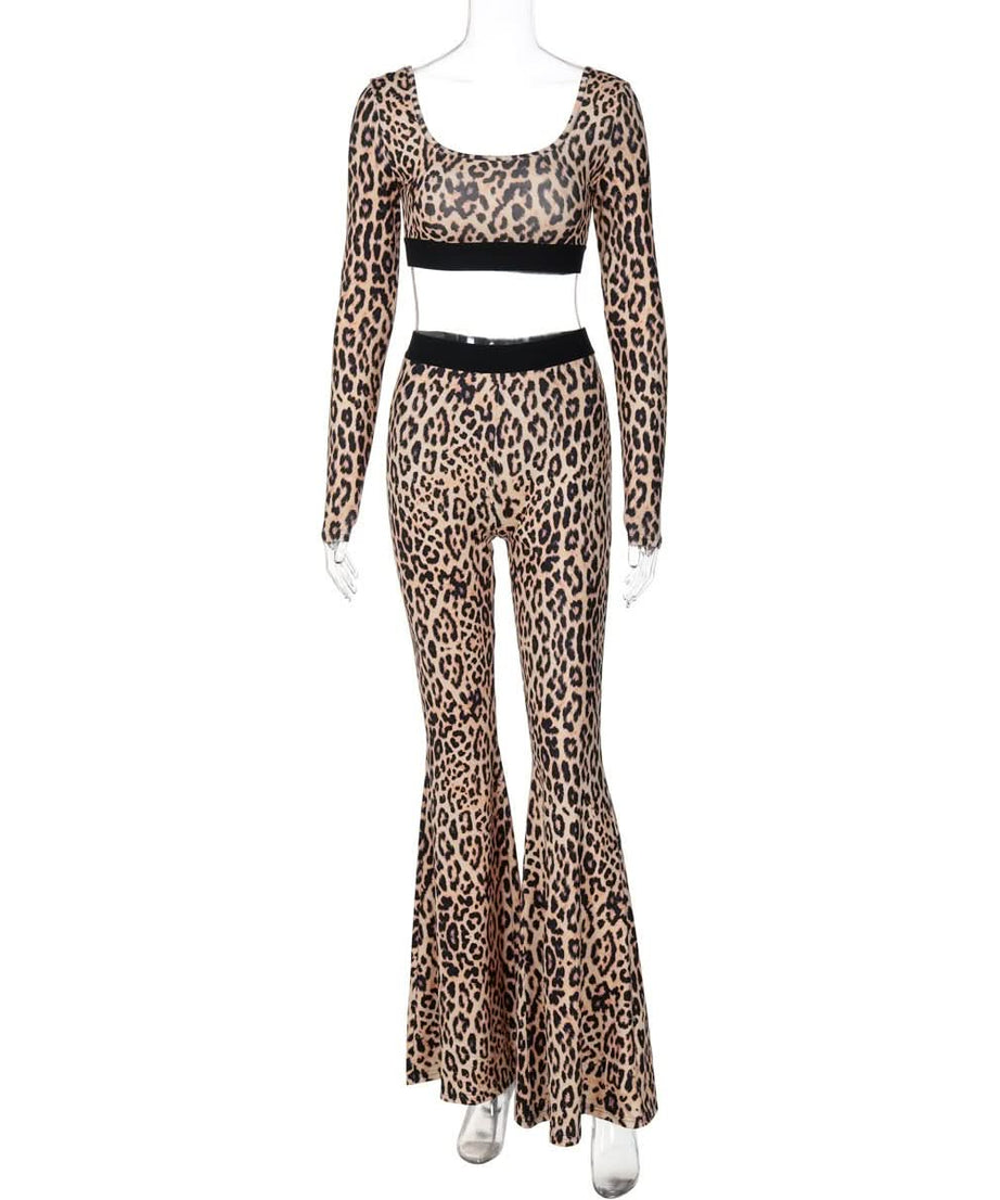 Unleash Your Inner Wild: Chic Leopard Flare Pant & Crop Top Set - Fall Trendsetter